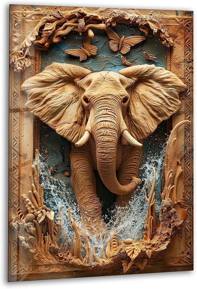 My Photostation.com 30Wx35.5H'' Elephant Carving Glass Wall Art Tempered Glass by MyPhotostation
