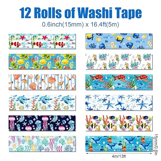 12 Rolls Blue Ocean Washi Tape, Underwater World Masking Tapes, Sea Animal - Image 2