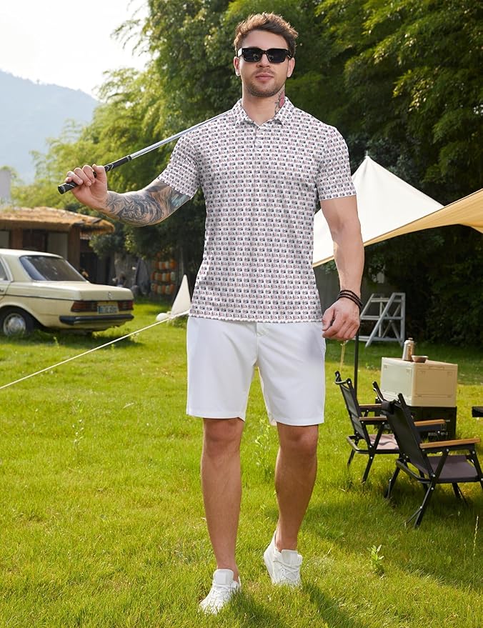 HUURAY Funny Golf Polos for Men Funny Print Short Sleeve Shirts Quick Dry Polo Shirts Hawaiian Shirt Performance Golf Outfits