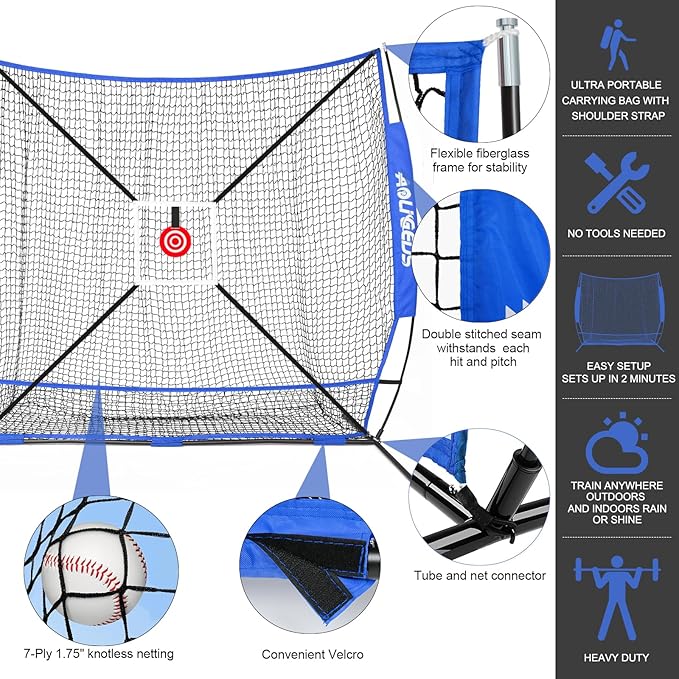 6'X6' Baseball Softball Practice Net,Pitching Net,Batting Net,with Bonus Strike Zone,Target and Bow Frame,for Hitting,Pitching,Catching