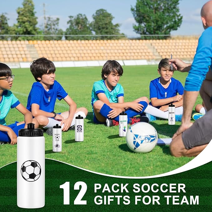 DI QIU REN 12 PCS Soccer Water Bottle Bulk with 300 PCS Stickers, 20 OZ Plastic Reusable Soccer Water Bottles for Boys, Squeeze Water Bottles Sports for Team, Sports Bottles Squeeze for Gym