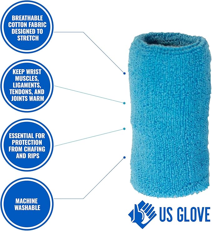 US Glove Sweat Bands for Wrists, Sports Wristbands for Men & Women, Athletic Hand Bands for Tennis, Gymnastics, Basketball, Volleyball, Baseball, Football or Gym Sport, 2-pc Cotton Arm Sweatbands 4.5"
