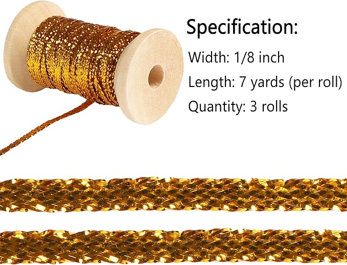 Gold Thin Ribbon 1/8 inch Metallic Braided Double Faced Ribbons Curling Ribbons - Image 2