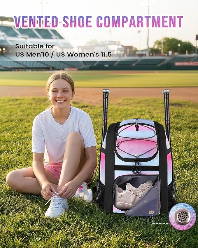 MATEIN Softball Bag, Lightweight Baseball Backpack with Shoe Compartment, Baseball Bag with Fence Hook for TBall Bat & Equipment, Softball Gifts Catchers Backpack for Women Fit Catcher’s Mitt, Helmet