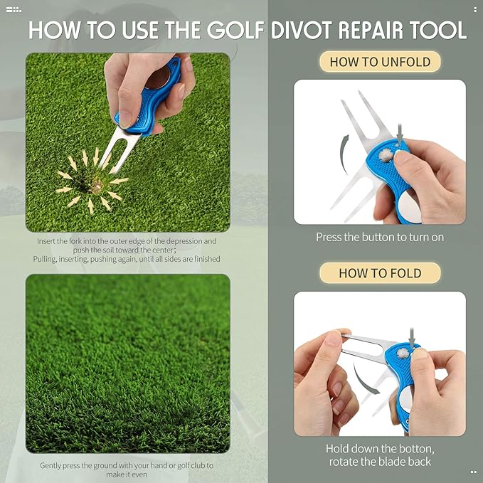 Skylety 6 Packs Golf Repair Tool Stainless Steel Foldable Golf Divot Tool Magnetic Button Ball Marker