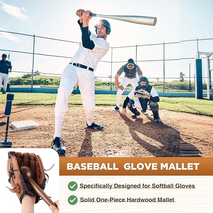 Hollowfly Baseball & Softball Glove Mallet-12 Inch Wooden Hammer with Leather Rope, Durable Glove Pocket Break-in Tool