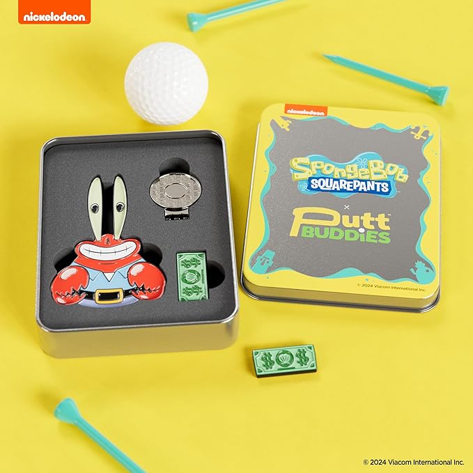 Spongebob Mr. Krabs Divot Tool and Me First Dollar Ball Marker Gift Set with Magnetic Hat Clip and Collectible Protective Tin, Fun Golf Gift Accessories for Fans and Golfers