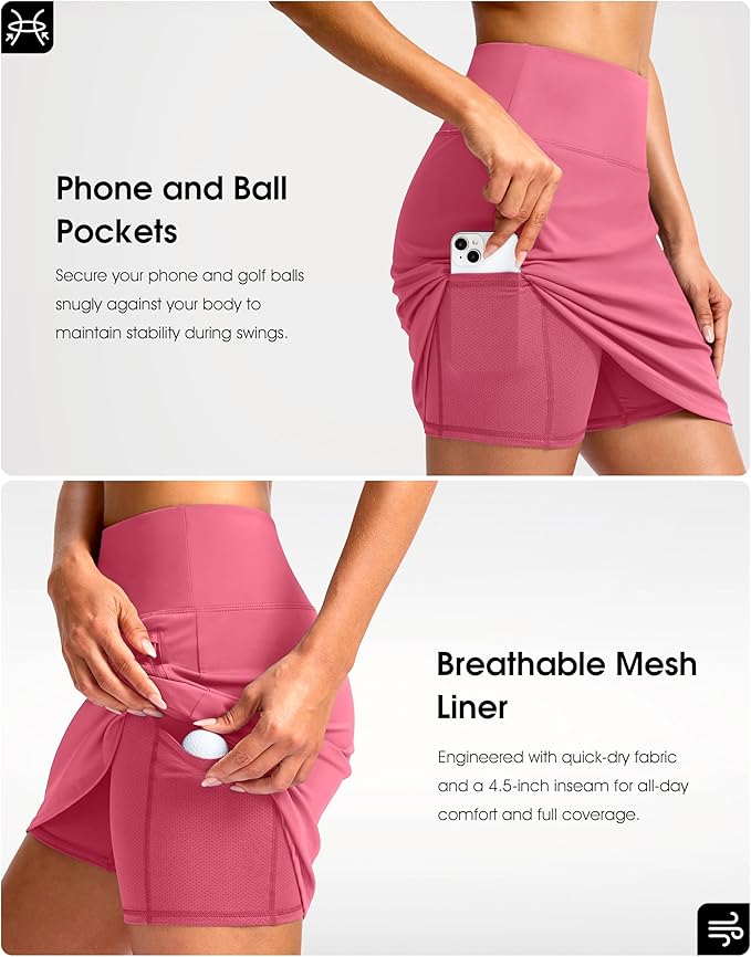 G Gradual 18" Golf Skirts for Women Zipper Pockets Mid Length Skort with Shorts Underneath High Waist Tennis Pickleball
