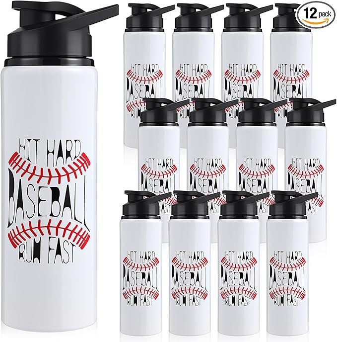 Hushee 12 Pcs 25 oz Baseball Water Bottles Bulk Aluminum Sport Bottles with Leakproof Lid Baseball Gift for Team Men Players Fan Coach(Hit Hard)