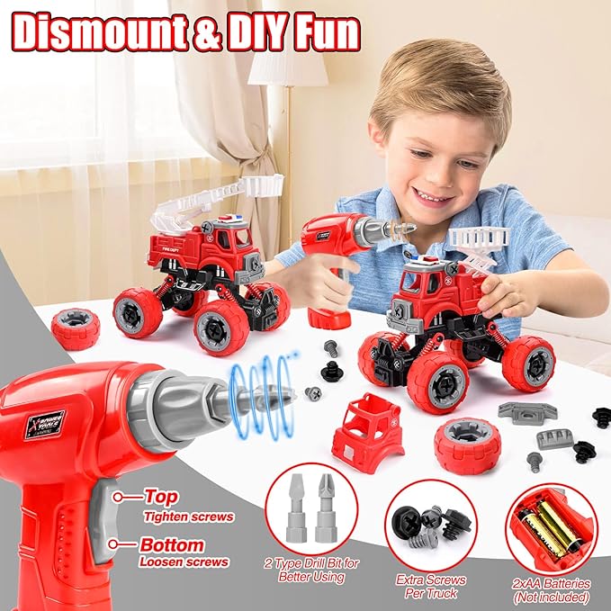 LUDILO 4PCS Fire Truck Toys for 3 4 5 Year Old Boy Birthday Gifts DIY Assembly - Image 2