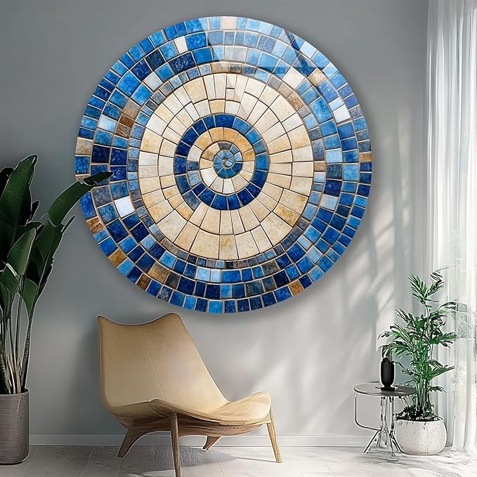 My Photostation.com 20'' Diameter Coastal Sunburst Beige & Blue Round Glass by MyPhotostation