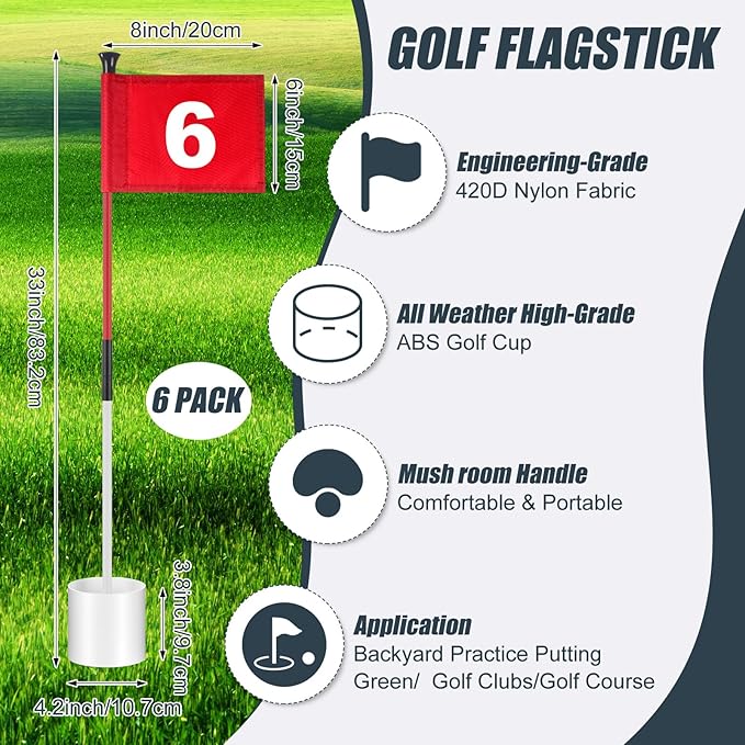 Lenwen 6 Set Golf Flagstick Golf Pin Flag Hole Cup Set Putting Green Poles Nylon Practice Portable Putting Green Gifts for Yard Backyard Garden Driving Range
