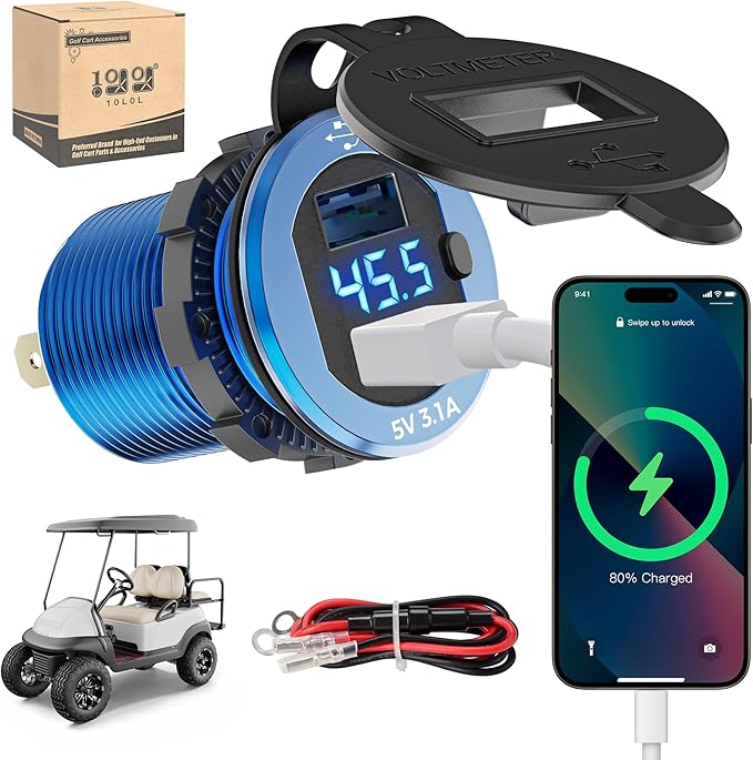 10L0L 9V-55V Input Golf Cart Quick Charge 3.0 Dual USB Charging Socket,2 in 1 USB Ports & Digital Voltmeter Universal for Club Car,EZGO and Yamaha,Metal Shell Safe Charge Outlet
