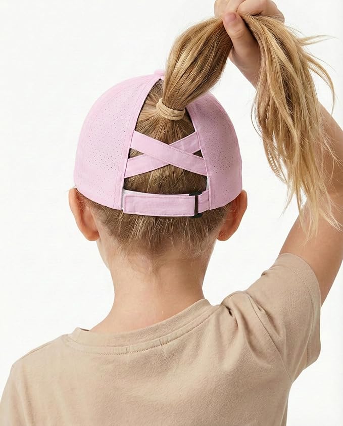 Little Girls Reflective Baseball Cap Criss Cross Ponytail Hat Kids Quick Dry Mesh Summer Sports Hat for Toddler Ages 3-8