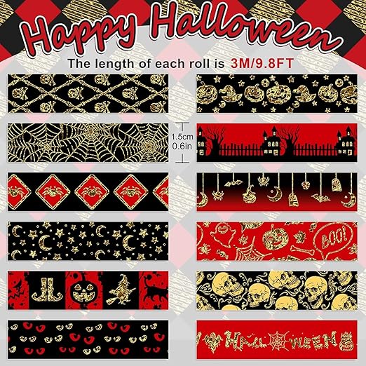 Whaline 12 Rolls Halloween Washi Tapes Red Black Foil Gold Decorative Tapes - Image 2