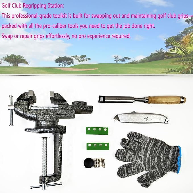 Golf Club Regripping Kit, Optional Professional or Basic Golf Grip Replacement Tools, 2-In-1 Bench Vise or Mini Table Vise, Fixed Rubber Clip, Hook Blade, Grip Tape Remover