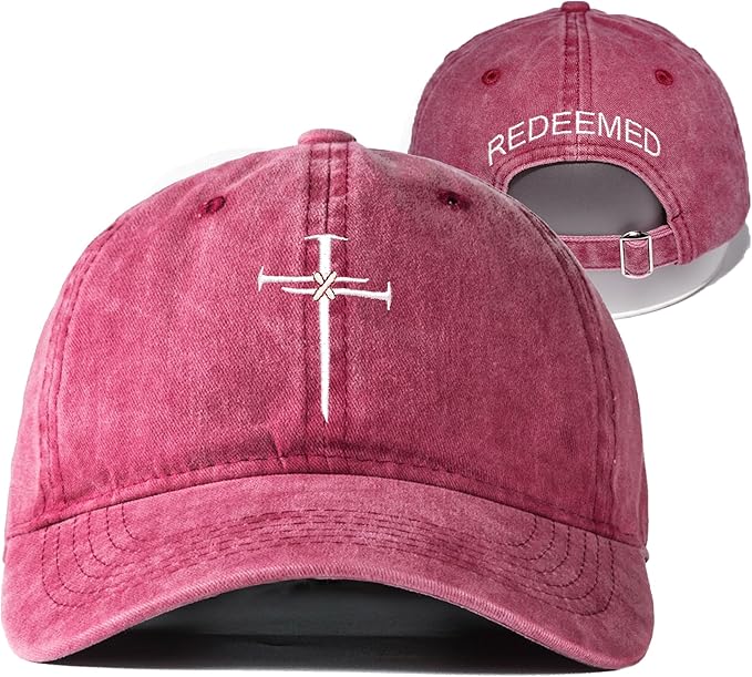 Christian Redeemed Cross Nails Hats for Men Women, Vintage Adjustable Cotton Embroidered Front & Back Baseball Cap