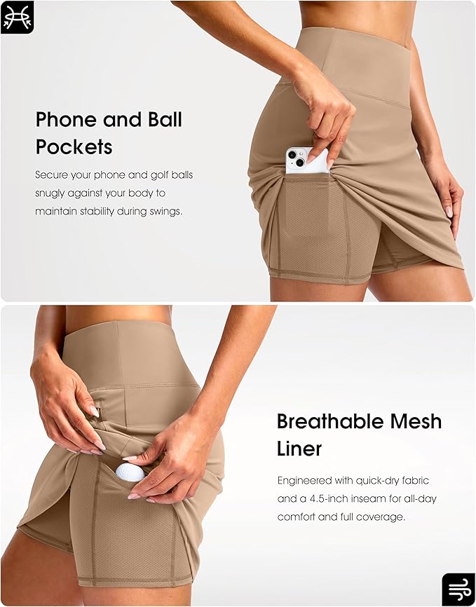 G Gradual 18" Golf Skirts for Women Zipper Pockets Mid Length Skort with Shorts Underneath High Waist Tennis Pickleball