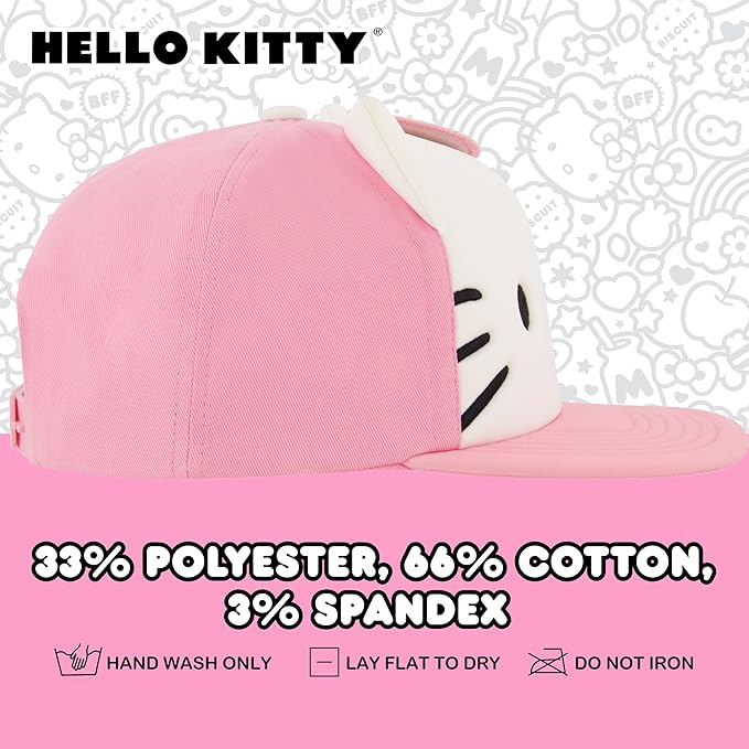 Hello Kitty Baseball Cap, Women's Snapback Hat with Flat Brim and 3D Ribbon and Ears