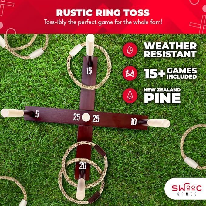 SWOOC Games - Rustic Ring Toss Game - Easy Setup & Extra Games Included - Ring - Image 2