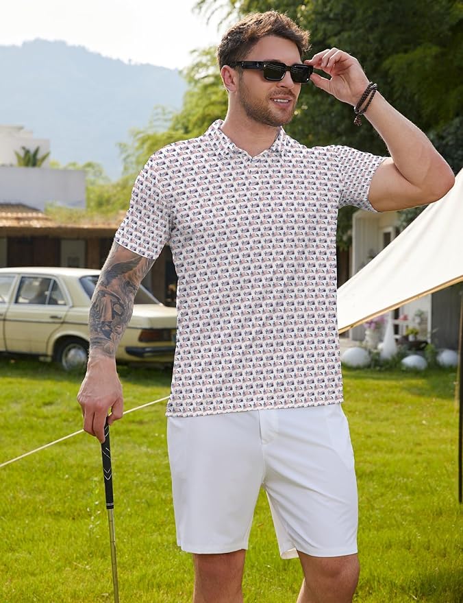 HUURAY Funny Golf Polos for Men Funny Print Short Sleeve Shirts Quick Dry Polo Shirts Hawaiian Shirt Performance Golf Outfits