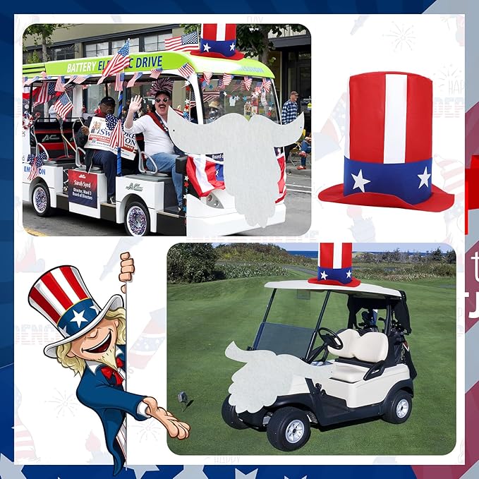 Leyndo 4th of July Parade Golf Cart Decoration Kit Independence Day Hat and Cute Beard Patriotic Parade Golf Car Kit for Memorial Independence Day Car Decor