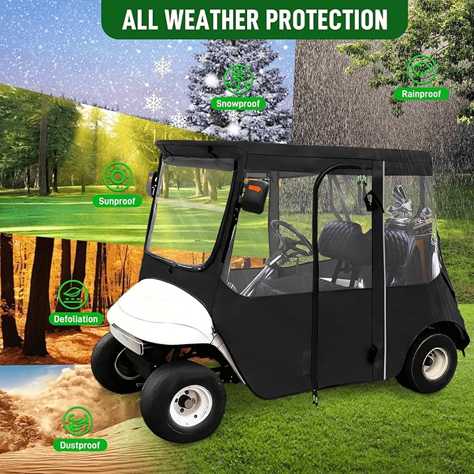 Golf Cart Deluxe Driving Enclosure 2 Passengers Fits EZGO TXT & RXV Golf Cart, Fits Short Roof 40.94" W and 59.05" L, Clear Window with Door Zippers 600D Heavy Duty Drivable Rain Covers