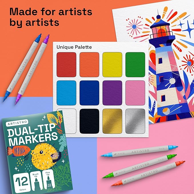 ARTISTRO 12 Dual Tip Brush + Fine Acrylic Paint Markers - Image 8