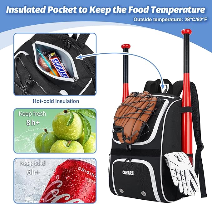 Youth Baseball Bag - Baseball Backpack Bat & Glove Holder, T-Ball & Softball Equipment & Gear,Large Main Compartment for Helmet & accessories, Fence Hook，Insulation Pocket