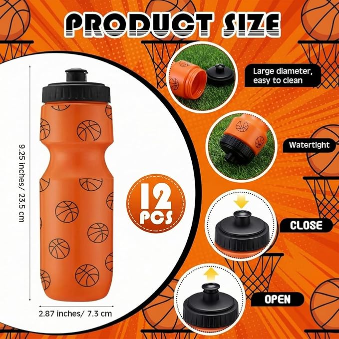 Reallnaive 24 Pcs Basketball Party Favor Gifts, 24 oz Basketball Water Bottle Reusable Sport Squeeze Drinking Cup, Eat Sleep Drawstring Bag Cinch Sack Sport Pack for School Team Gift Event Accessories