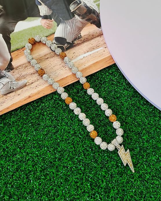 Baseball Necklace for Men 16/18/20 Inch Bling Ice Collection Lightning Bolt Pendant Necklace for Women Rhinestone Clay Beaded Discoball Accessories Gifts for Baseball Team Players Lovers