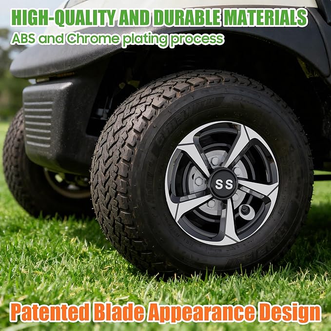 10L0L Golf Cart Wheel Covers Hub Caps for EZGO, Club Car, Yamaha - 8 Inch Snap-on Installation, Set of 4 (Silver-Black)