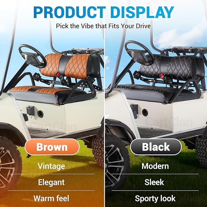 Golf Cart Diamond Seat Covers Kit Suitable for 2000.5-UP Club Car DS Standard Front Seat Cushion, Club Car Front Seat Covers Kit No Drilling & Waterproof (Black PVC Leather & Brown Stitching)