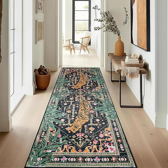 Oriental Tropical Kitchen Runner Rug 2x5 Washable, Thin Stain Resistant Black - Image 2