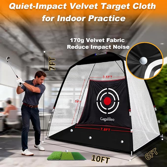 Gagalileo Golf Hitting Net Backyard Driving: 10x7FT Professional Backstop with Silent Velvet Target Portable Practice for Men Dad Complete Sport Set Gift