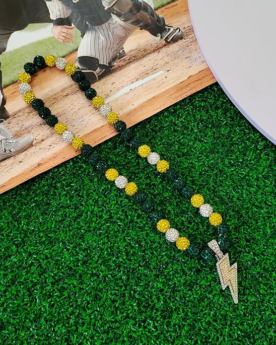 Baseball Necklace for Men 16/18/20 Inch Bling Ice Collection Lightning Bolt Pendant Necklace for Women Rhinestone Clay Beaded Discoball Accessories Gifts for Baseball Team Players Lovers