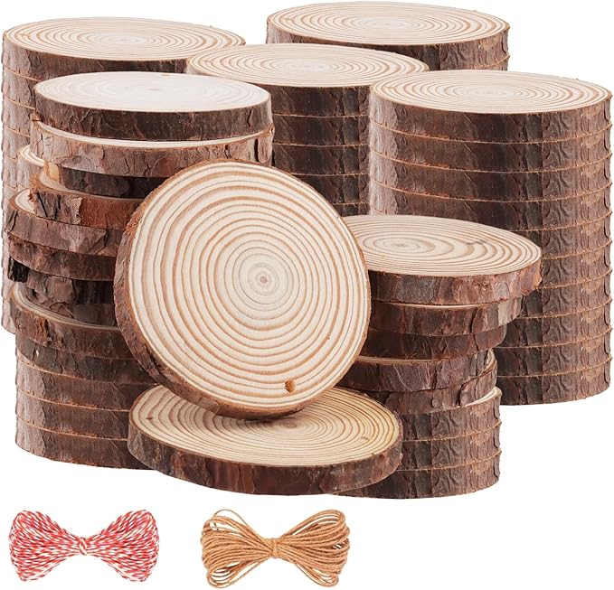 60 Pieces Wood Slices with Hole, 3.5-4 Inch Unfinished Round Wooden Circles by Unknown