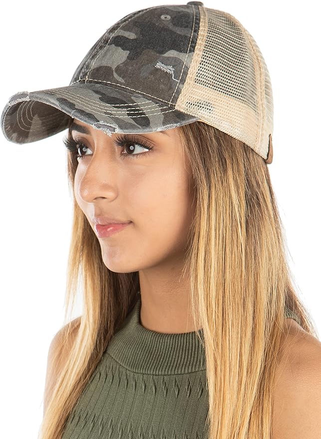 Funky Junque Trucker Hat for Women – Distressed Low Profile Western Camo Baseball Cap with Mesh, Trendy and Adjustable Fit