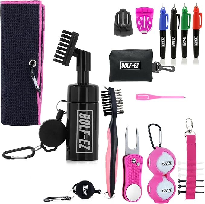 Golf Essentials Kit | Must-Have Accessories – Water Brush, Towel, Club Brush, Ball Marker, Divot Repair Tool, Ball & Tee Holder, Golf Gifts for Men & Women