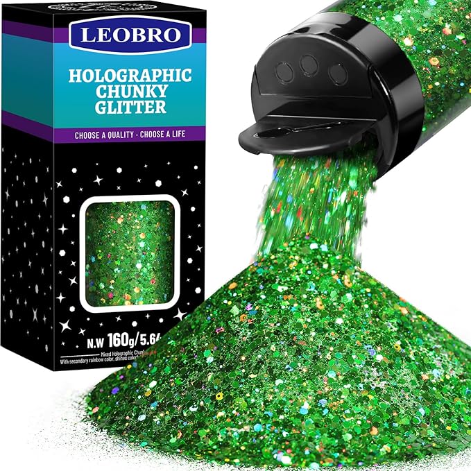 LEOBRO Green Glitter, 160g/5.64oz Holographic Chunky Glitter by LEOBRO