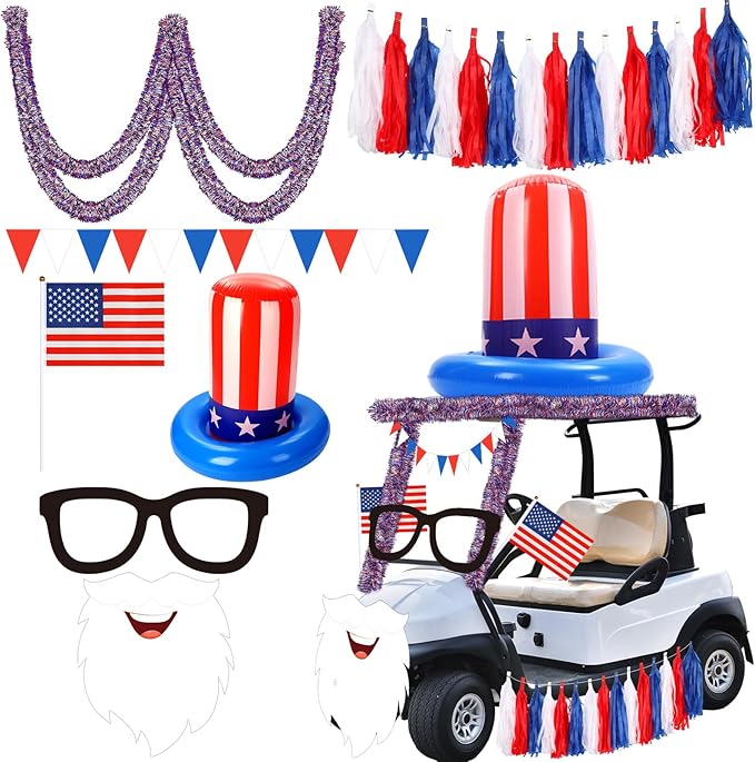 Suncalla 4th of July Golf Cart Decoration Kit Patriotic Parade Golf Cart Decor Including Hat Glasses Beard Flags Garlands Pennant Banner for LOVE USA Independence Day Memorial Day 250th anniversary