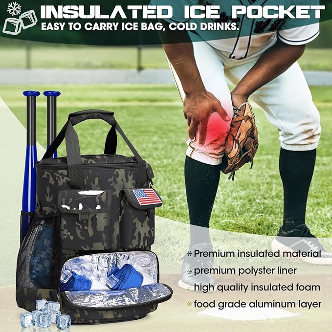 RAINSMORE Baseball Bucket Bag Baseball Coaches Accessories Organizer with Insulation Pocket Tactical Softball Bag with Anti-Slip Bottom, Multiple Pockets for Bat, Gloves, Scoreboards
