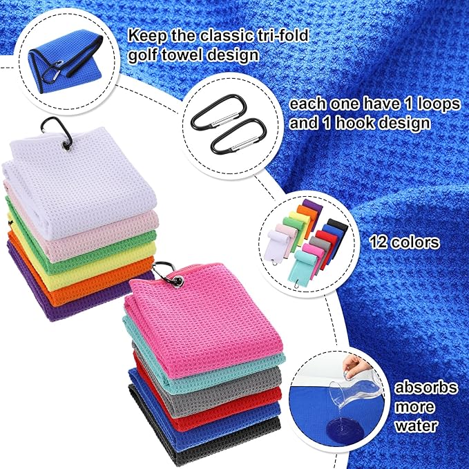 Batiyeer Golf Towel Bulk for Golf Bags 16'' x 16'' Microfiber Fabric Towel with Clip Waffle Pattern, Fitness, Camping, Hiking, Yoga