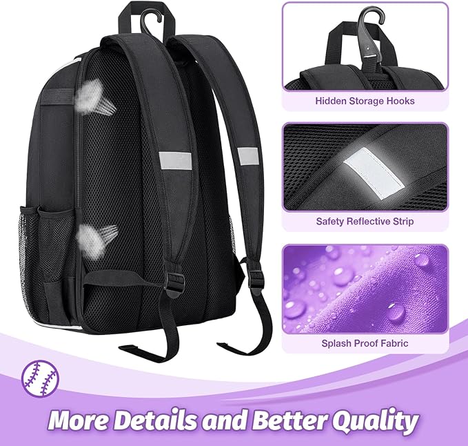 Youth Baseball Bag - Baseball Backpack Bat & Glove Holder, T-Ball & Softball Equipment & Gear,Large Main Compartment for Helmet & accessories, Fence Hook，Insulation Pocket