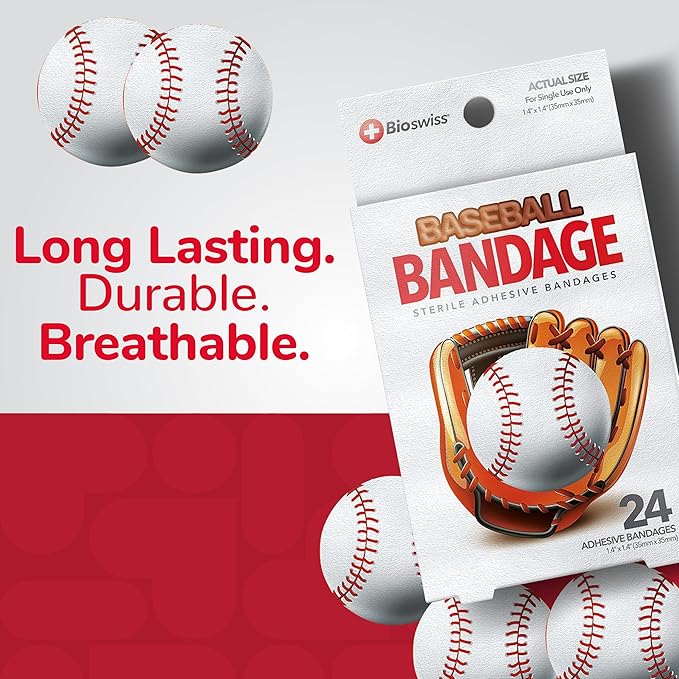 BioSwiss Bandages, Baseball Shaped Self Adhesive Bandage Set, Latex Free, Sterile Wound Care, 24 Count
