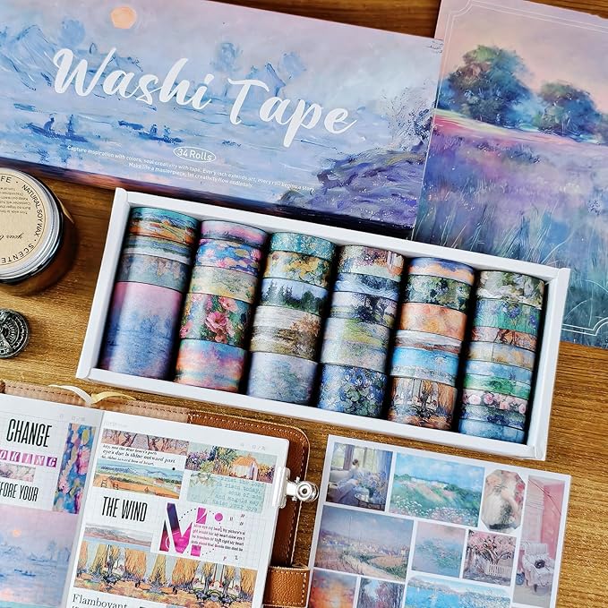 34 Rolls Washi Tape, Aesthetic Colored Decorative Cute Scrapbook Tape - Image 2