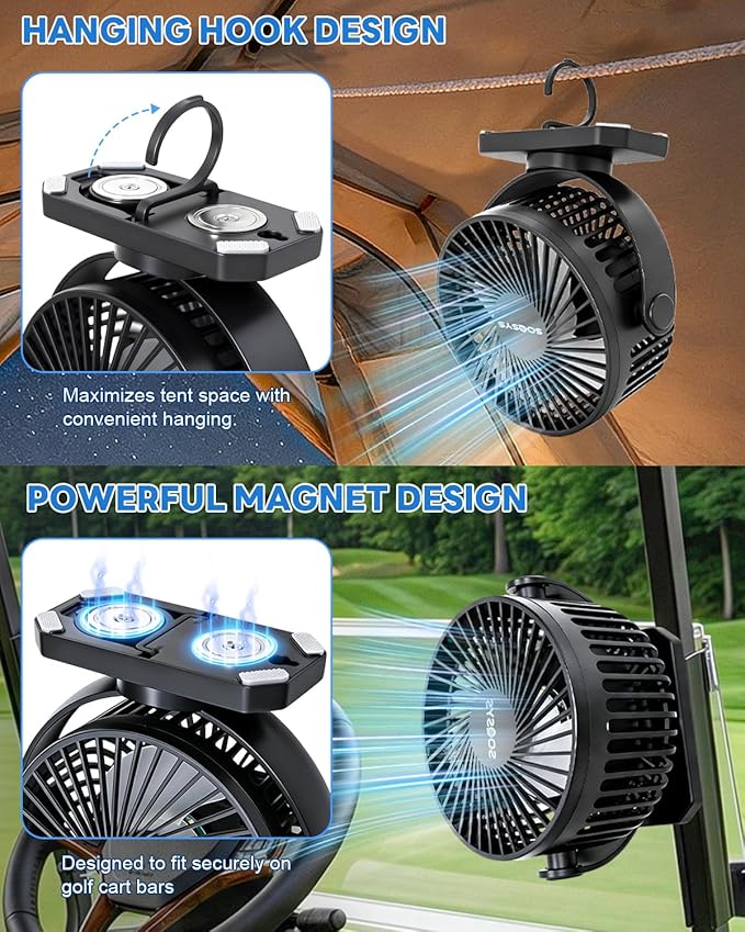 12000mAh Golf Cart Fan Rechargeable Magnetic Base, Battery Operated Fan Portable with 3 Speeds, LED, Timers, Strap, Hook - Golf Cart Accessories Suitable for Club Car Camping Office Cruise Ship
