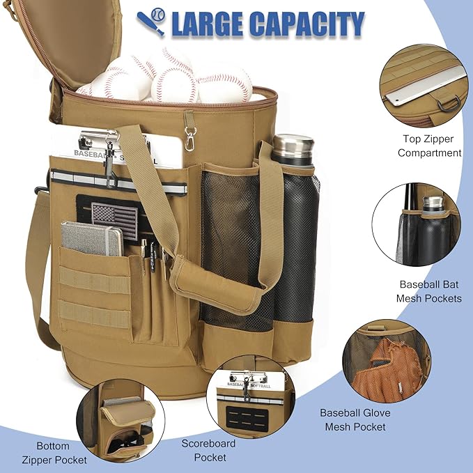 Baseball Bucket Bag 6 Gallon Bucket Cover Organizer w/Padded Seat tactical Softball Coaches Bag for Balls, Bat, Gloves, Scoreboards