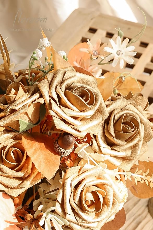 Floroom Artificial Flowers 25pcs Real Looking Antique Gold Foam Fake Roses - Image 5
