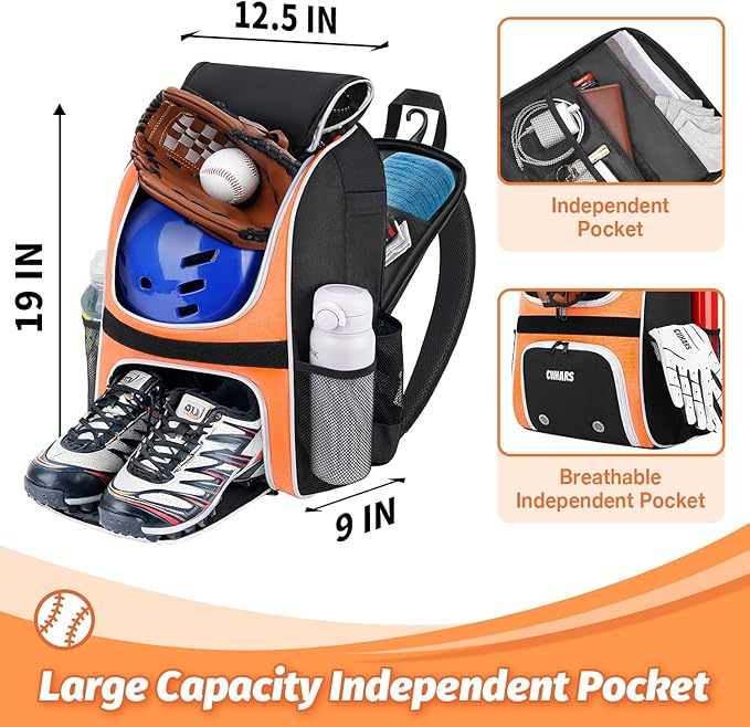 Youth Baseball Bag - Baseball Backpack Bat & Glove Holder, T-Ball & Softball Equipment & Gear,Large Main Compartment for Helmet & accessories, Fence Hook，Insulation Pocket
